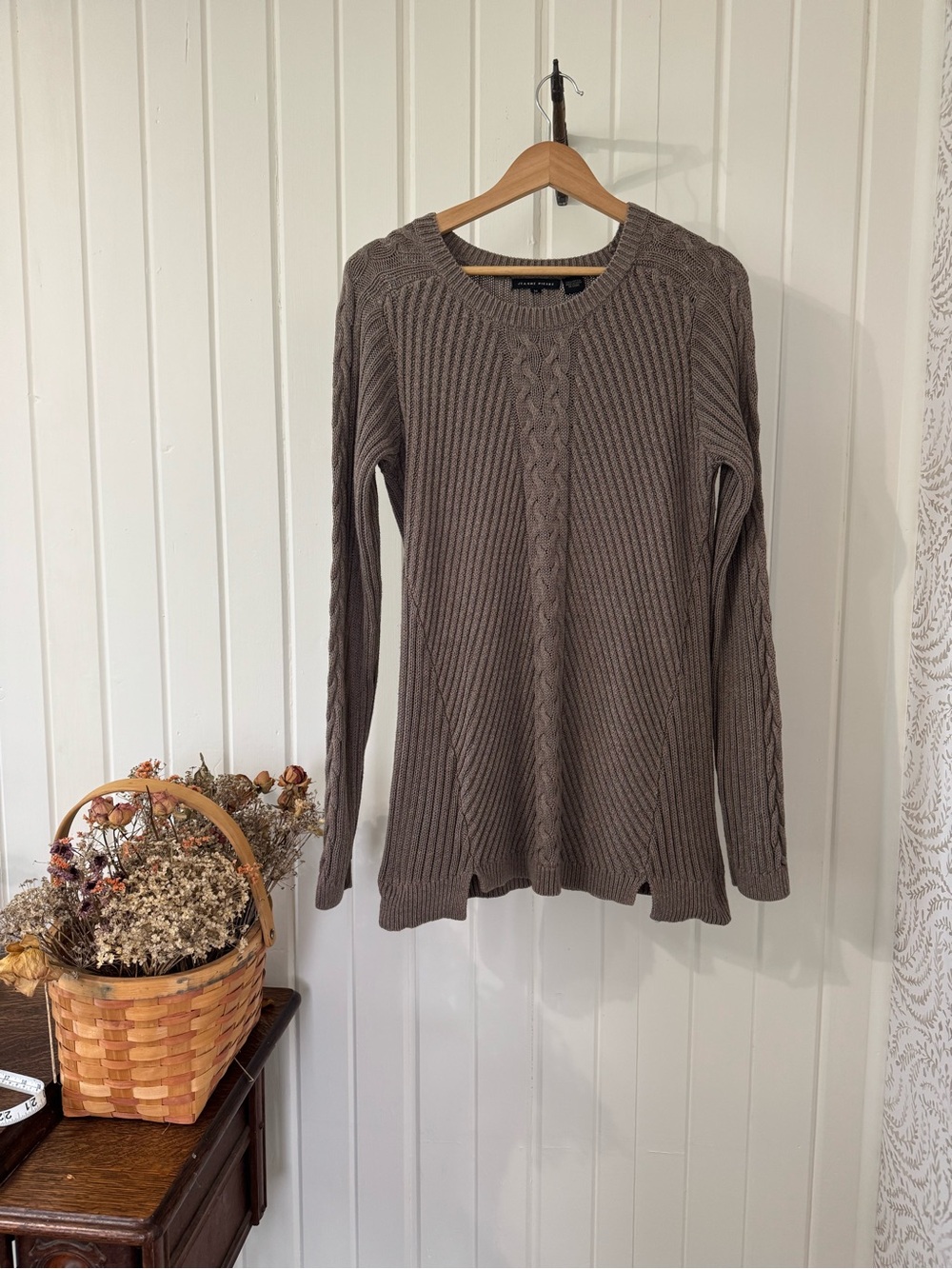 Mushroom Taupe 100% Cotton Cable Knit Sweater | Jeanne Pierre M
